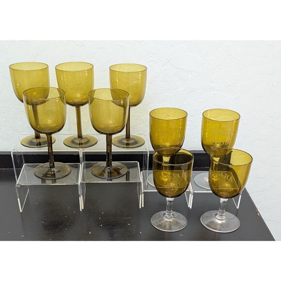 Hand Blown Dark Amber Wine Cordial Glasses Vintage Lot Of 9 MCM Olive Green - Picture 1 of 13